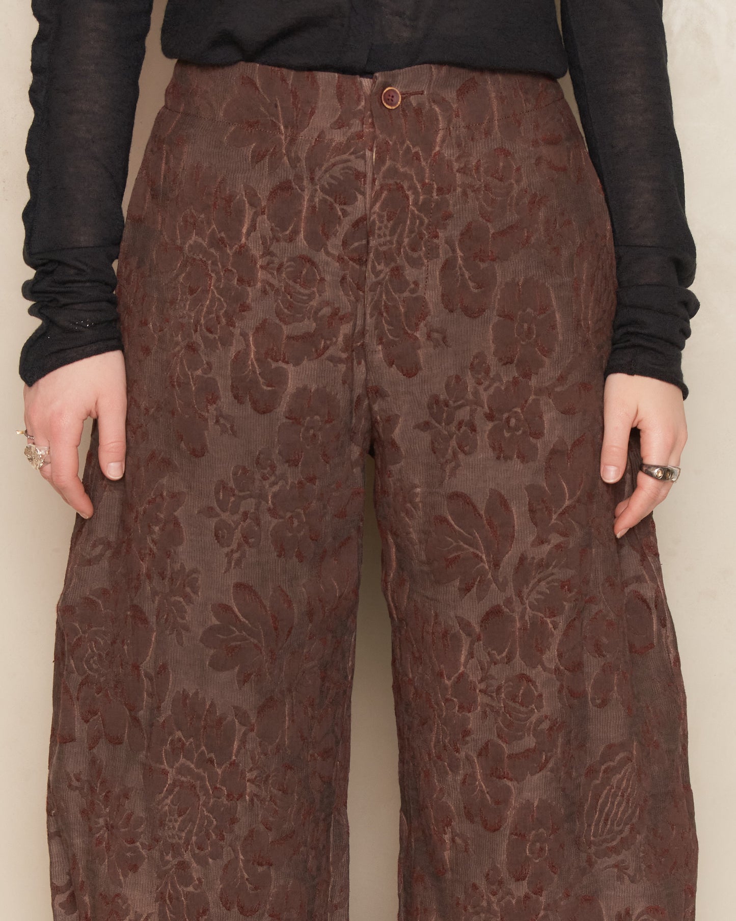 Dark Red Floral Jacquard Pollock Pants