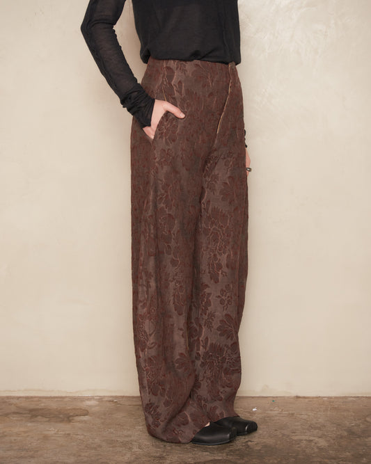 Dark Red Floral Jacquard Pollock Pants