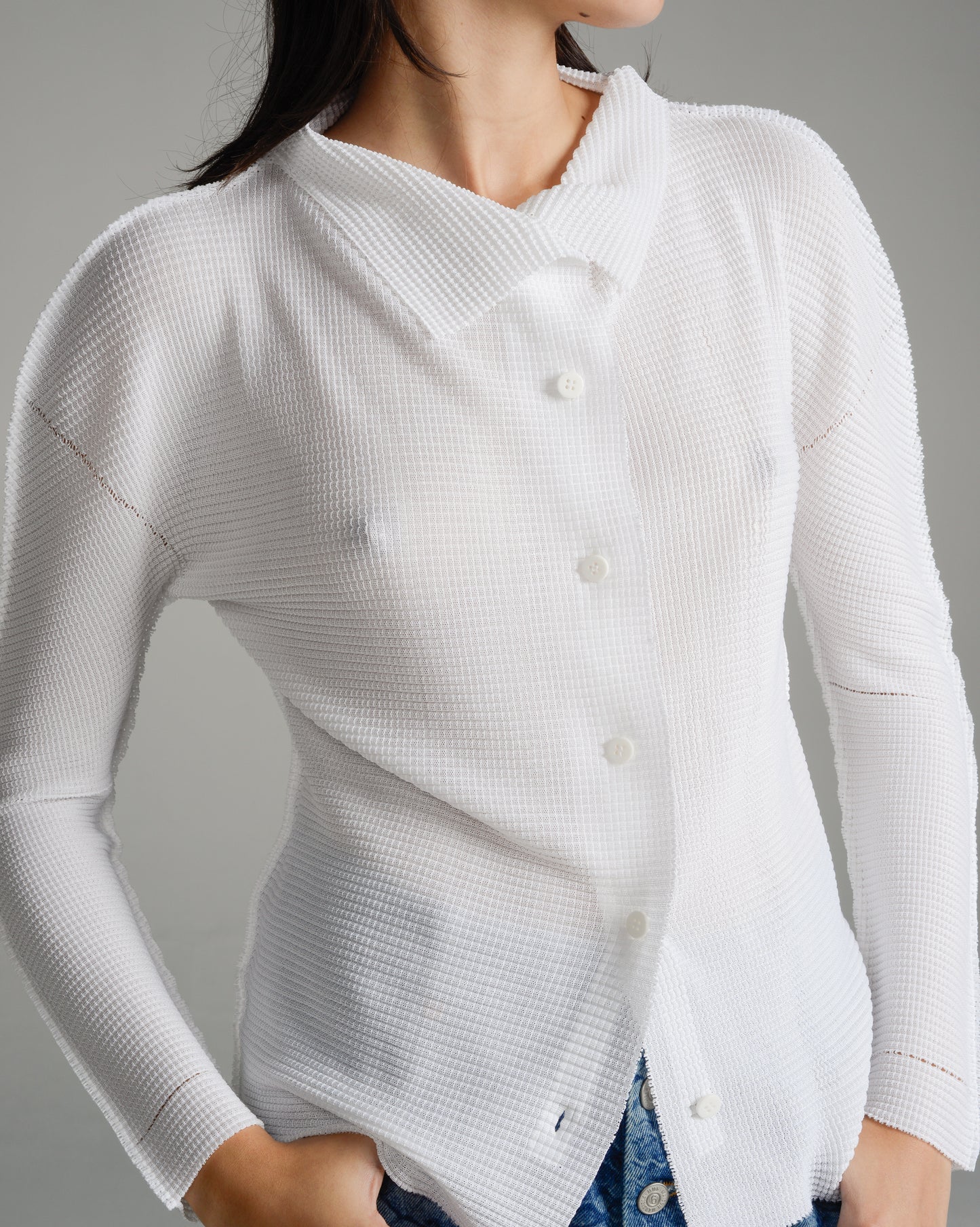 White Micropleated Knit Cardigan