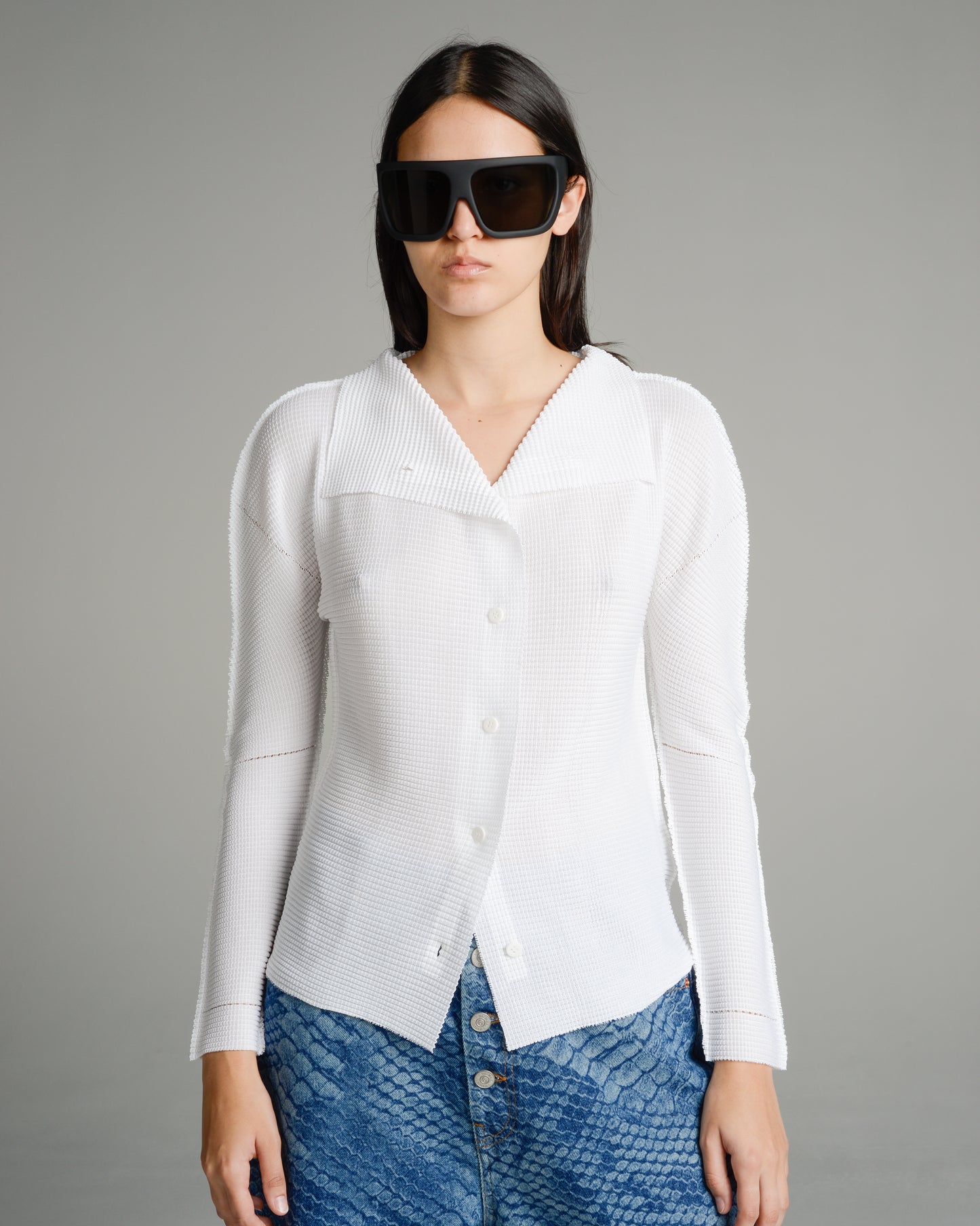 White Micropleated Knit Cardigan