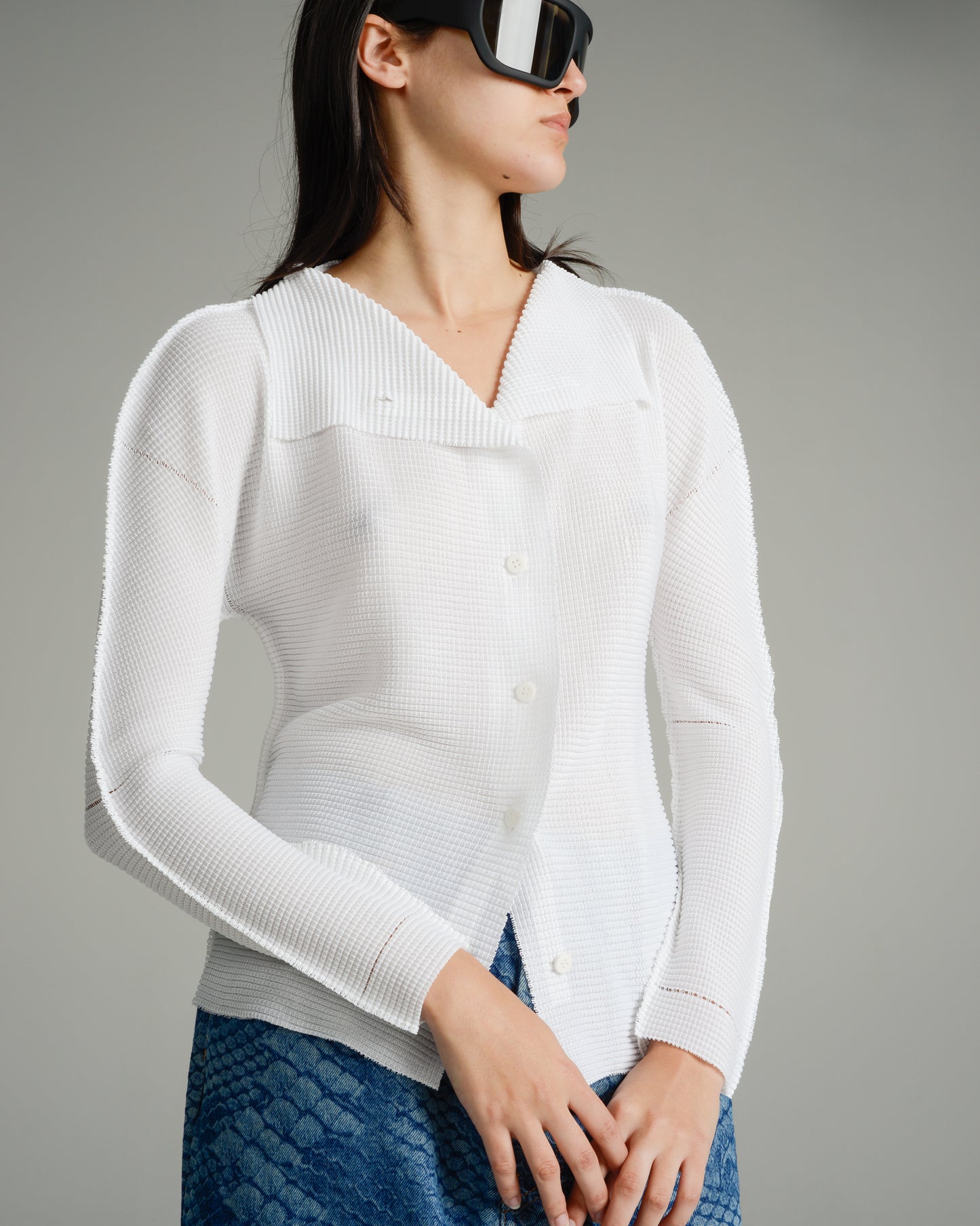 White Micropleated Knit Cardigan