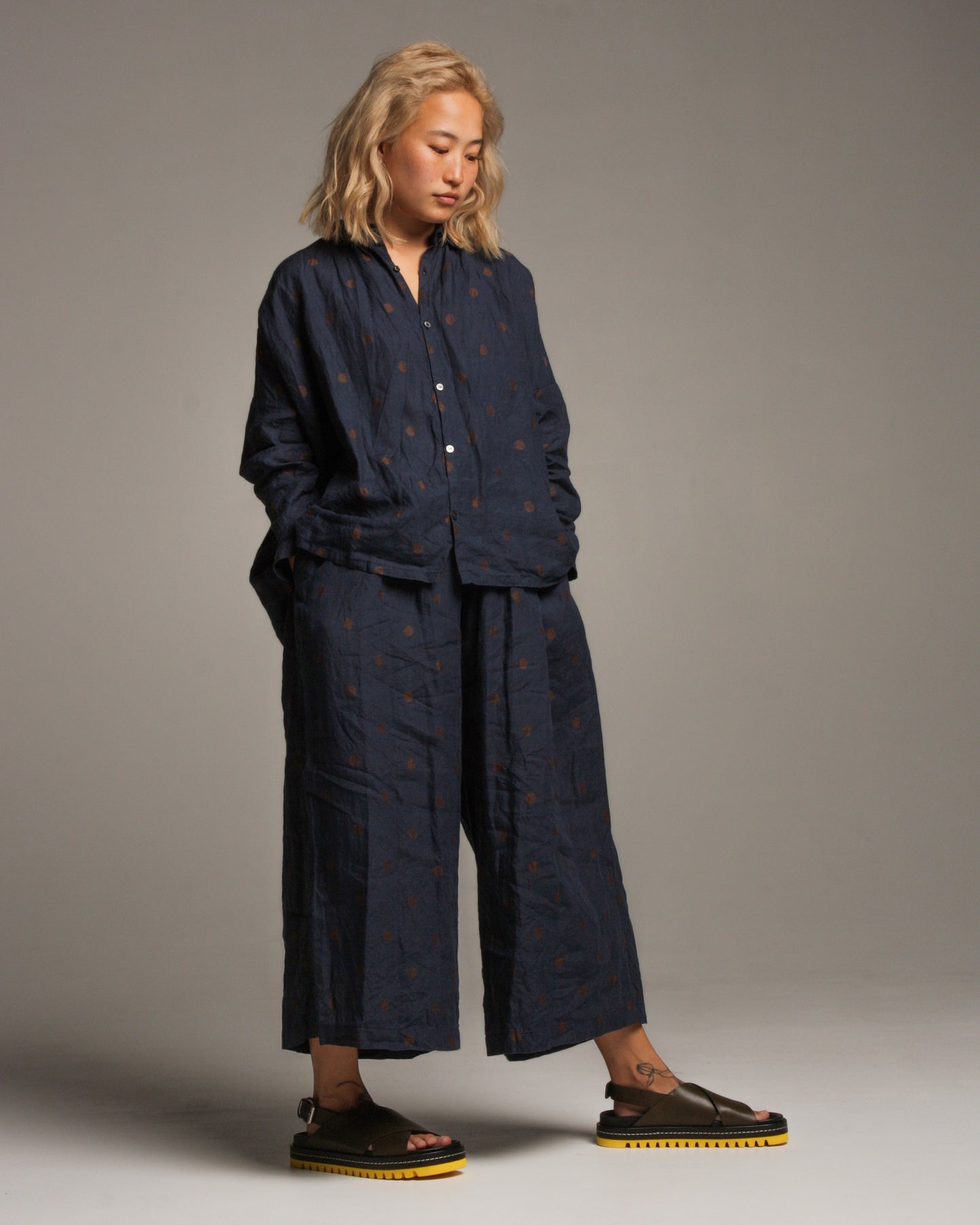 Navy Polka Dot Linen Pant