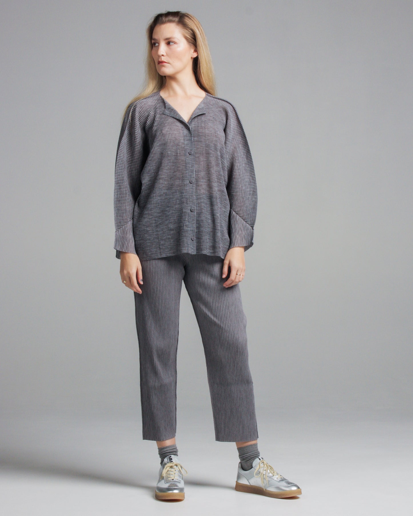 Grey Pleated Fine Knit Trouser