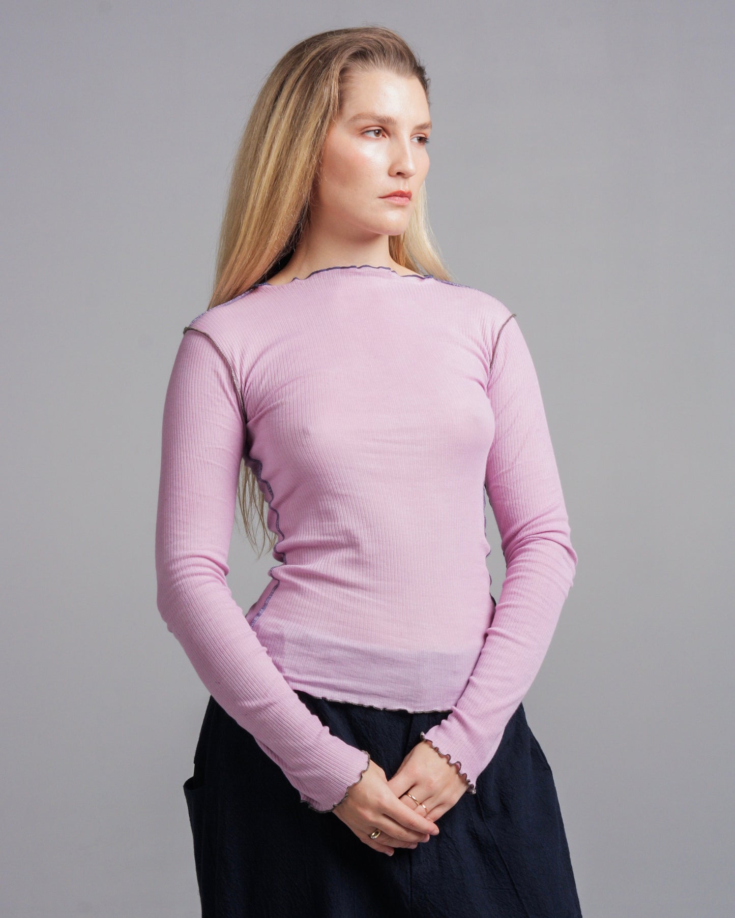 Vein Purple Cotton Rib Long Sleeve Top