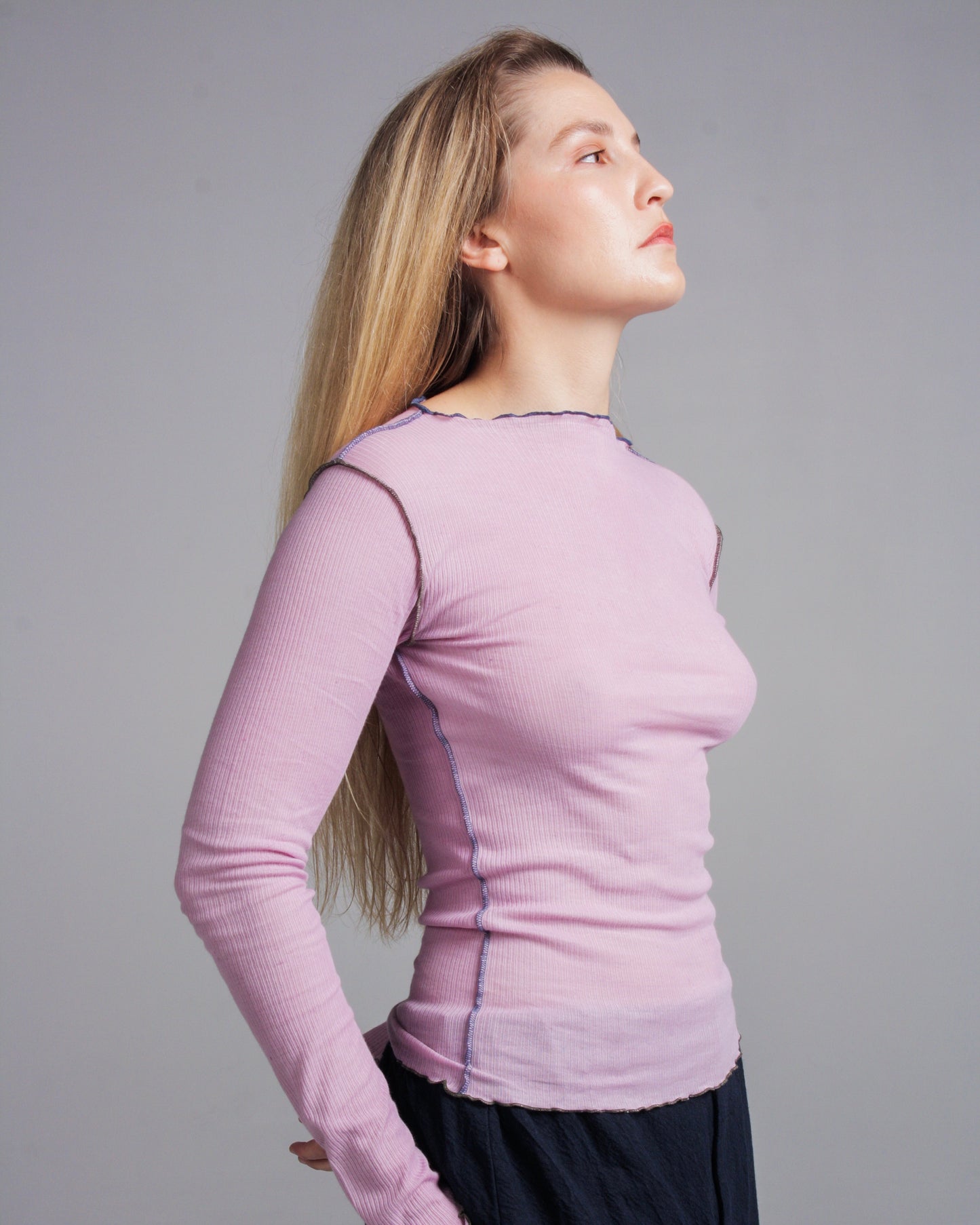 Vein Purple Cotton Rib Long Sleeve Top