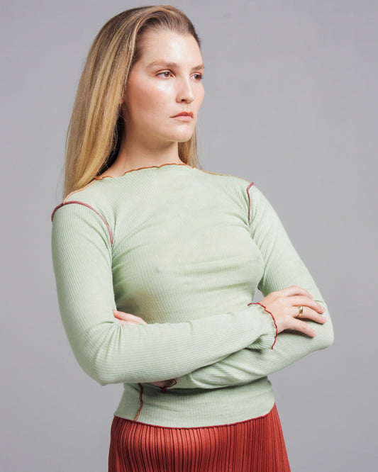 Vein Green Cotton Rib Long Sleeve Top