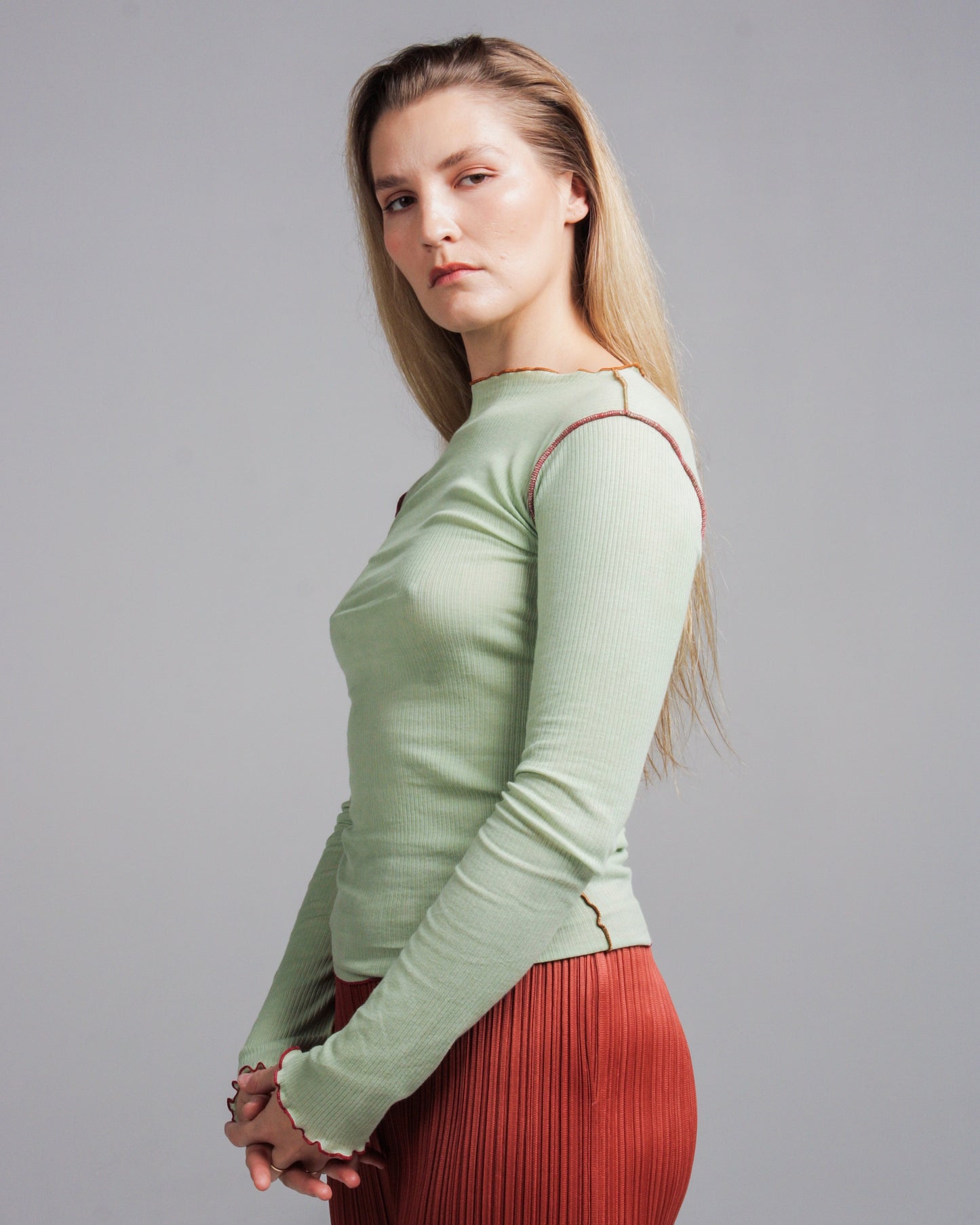 Vein Green Cotton Rib Long Sleeve Top