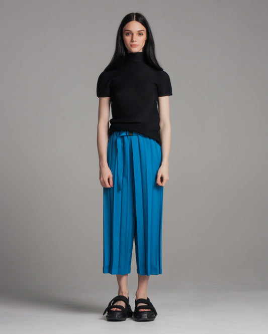 Wide Pleated Blue Cropped Pant