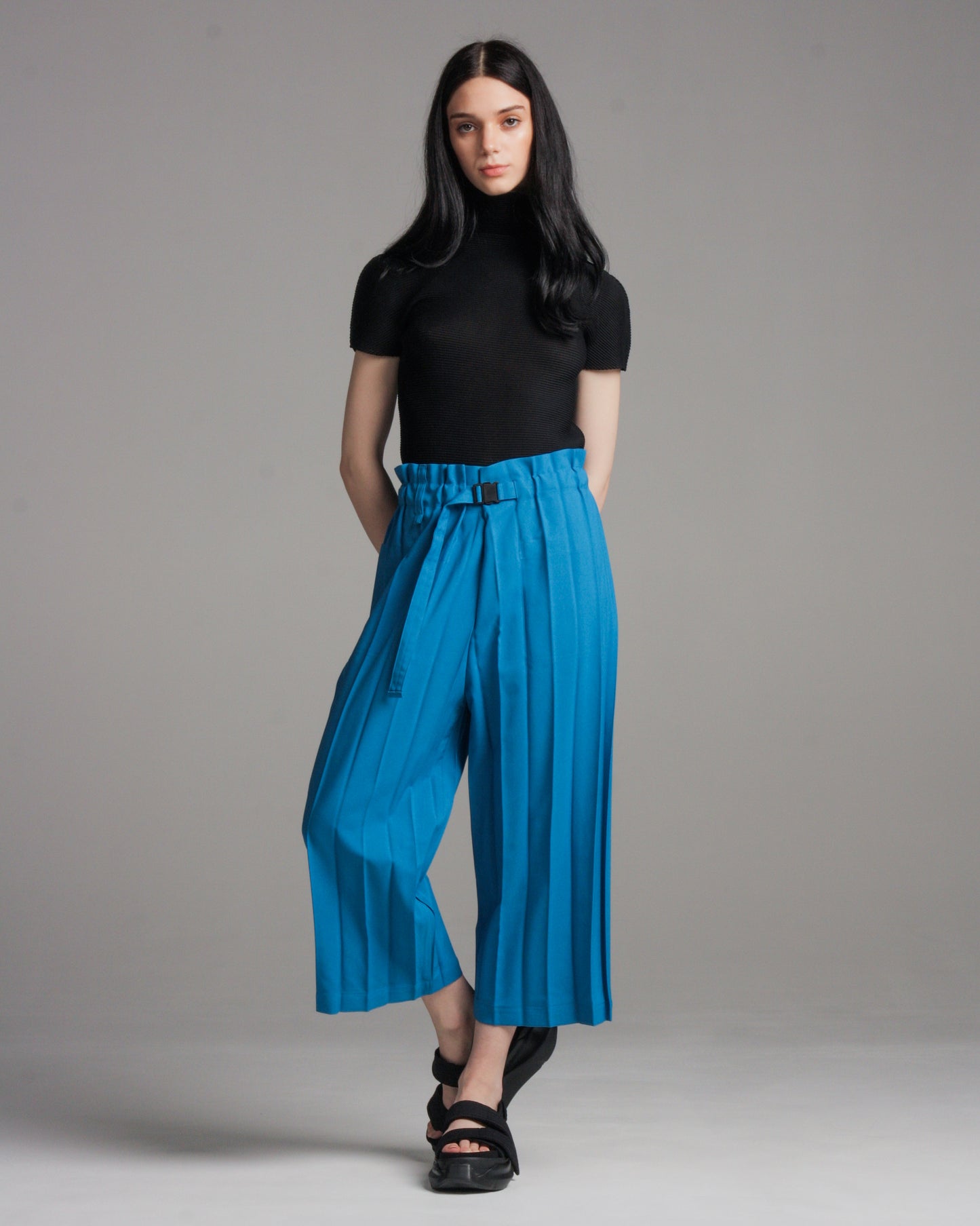 Wide Pleated Blue Cropped Pant