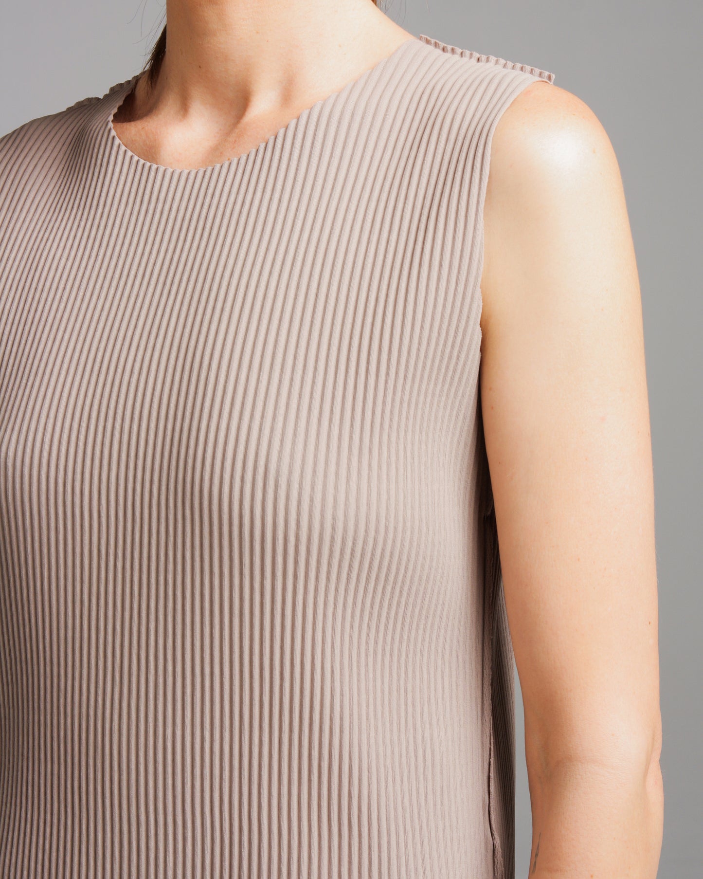 Beige Fine Knit Pleated Tank Dress