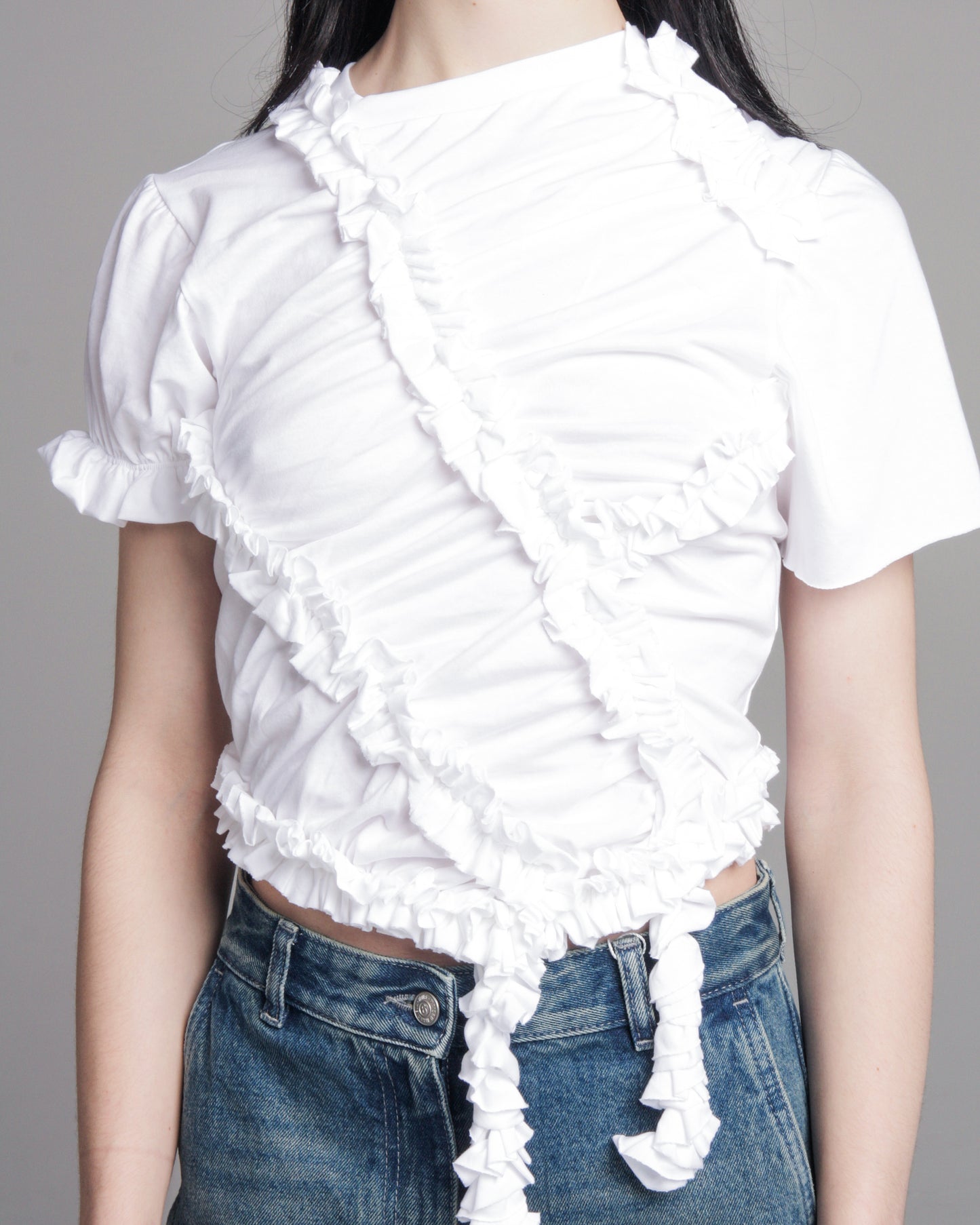 White Gathered Ruffle T-shirt