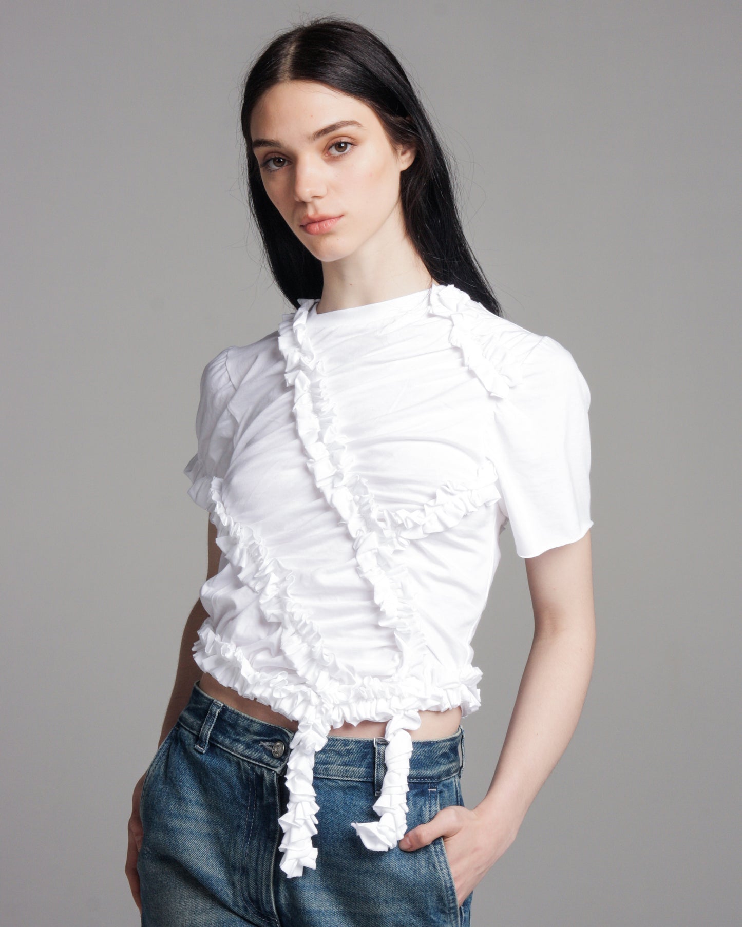 White Gathered Ruffle T-shirt