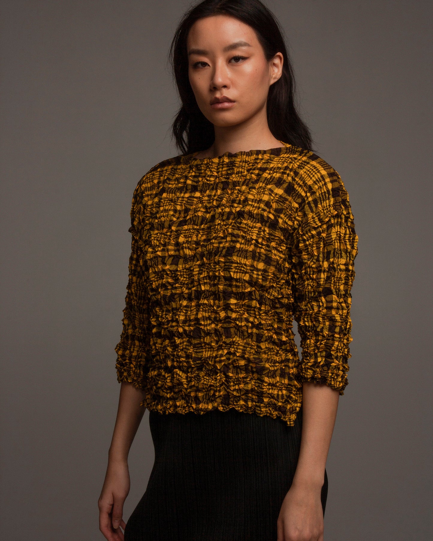 Yellow Check Meringue Mid Sleeve Top