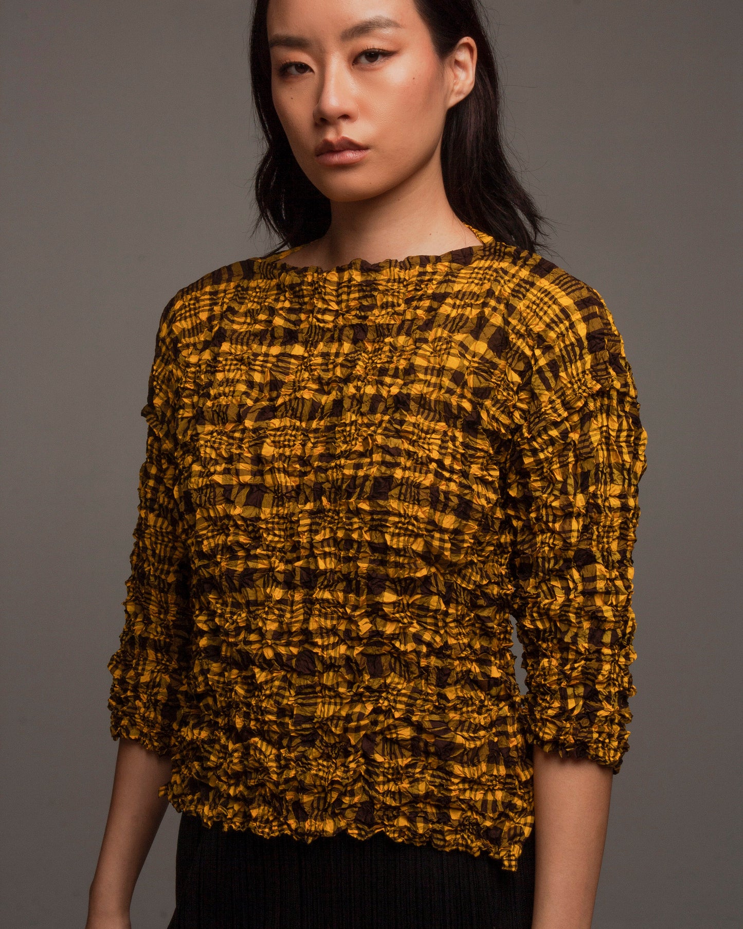 Yellow Check Meringue Mid Sleeve Top