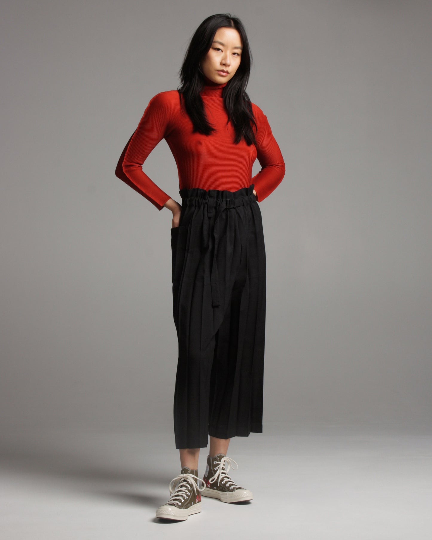 Wide Pleated Black Cropped Pant