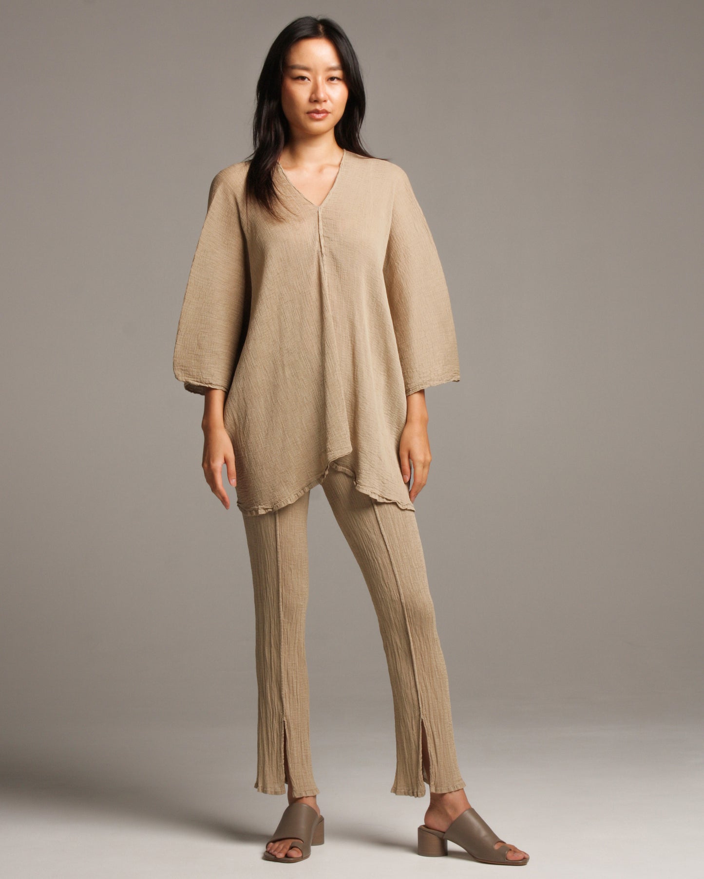 Beige Crepe V Neck Top