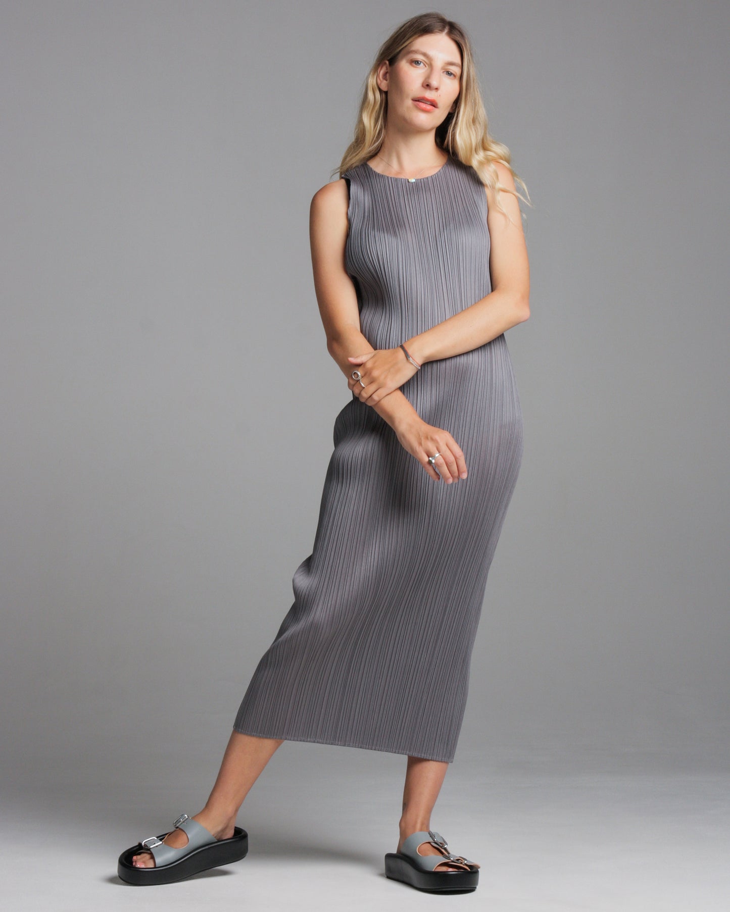 Charcoal Long Pleated Tank Dress