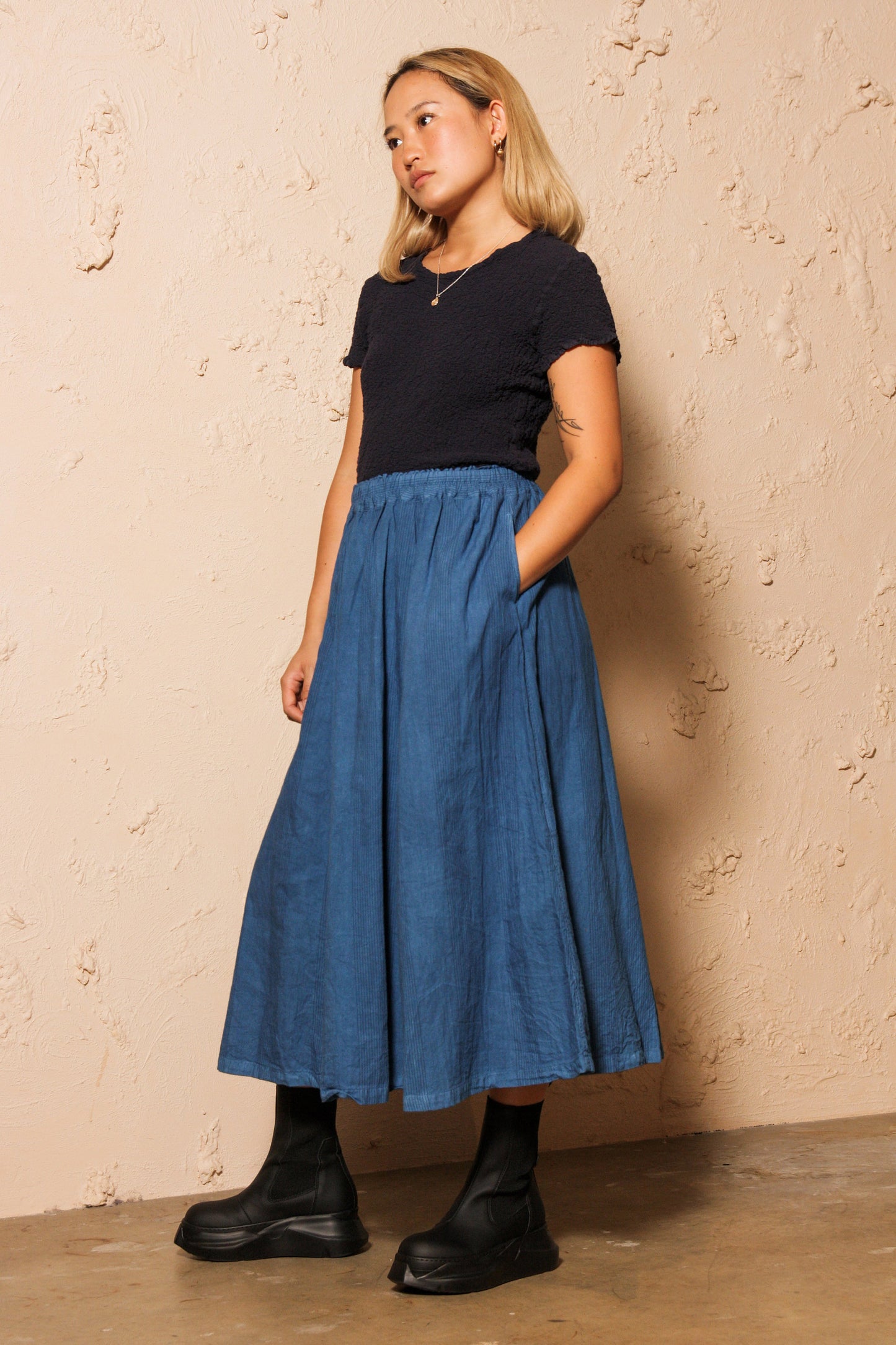 Stitch Stripe Hand Dye Indigo Skirt