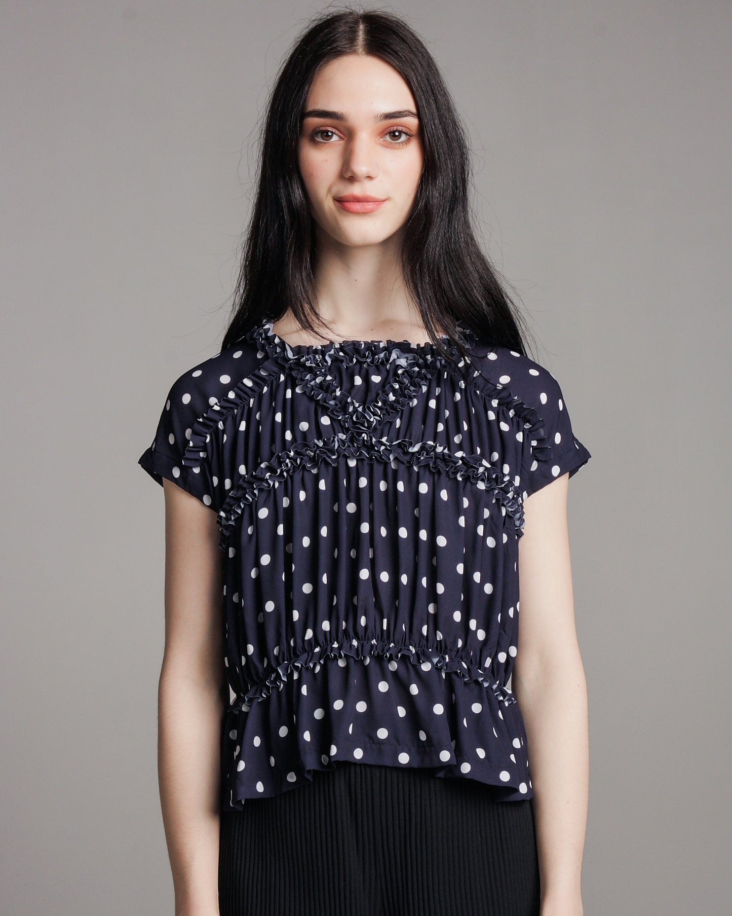 Navy Polka Dot Ruched Top