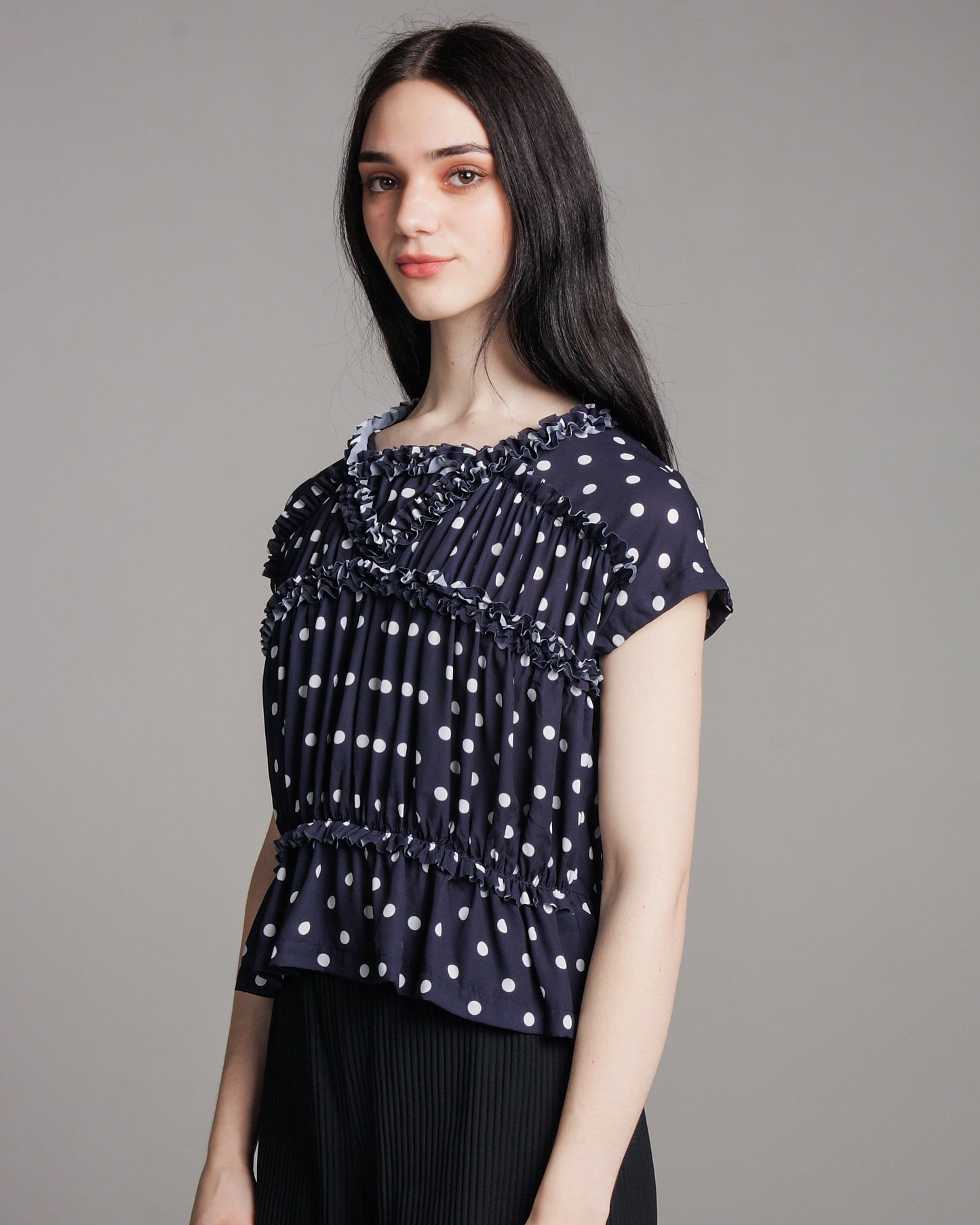 Navy Polka Dot Ruched Top