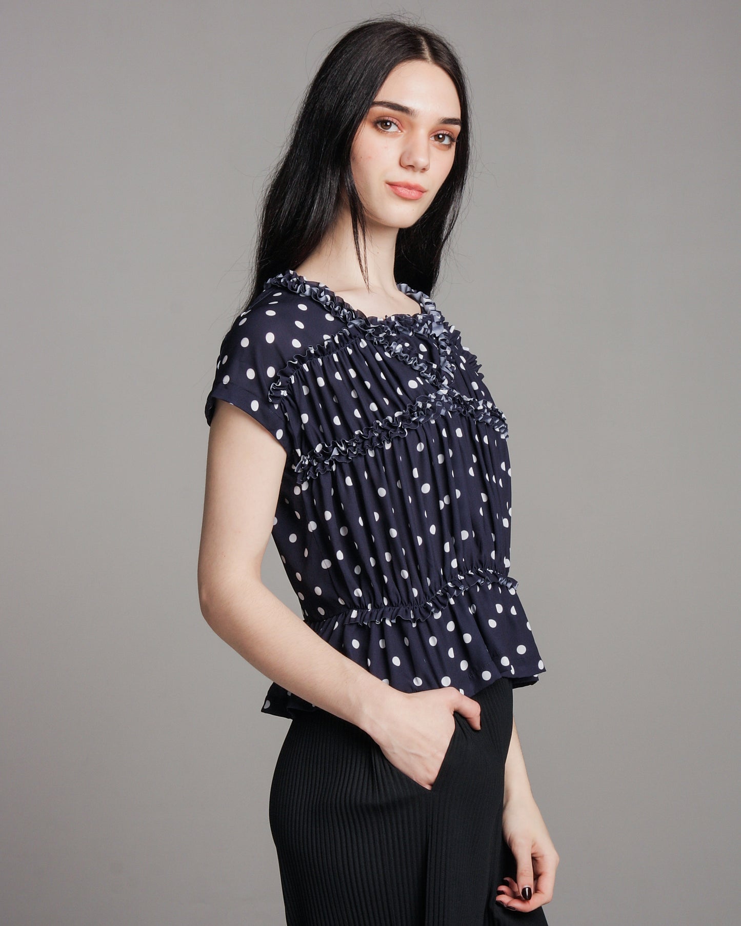 Navy Polka Dot Ruched Top