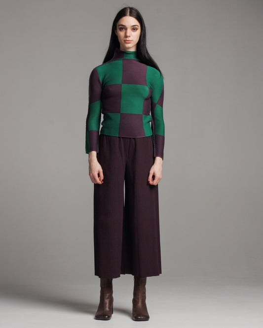 Aubergine Fine Knit Wide Leg Pleated Pants